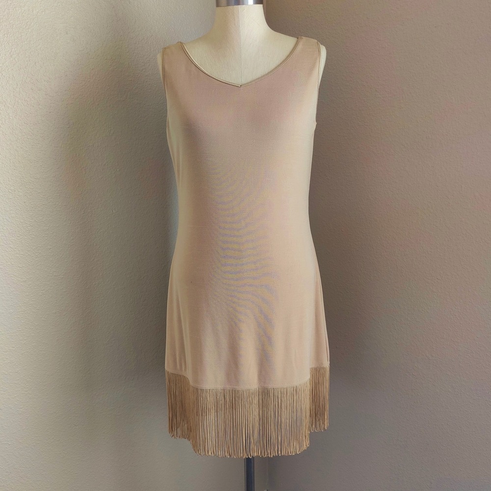 VTG 90s Slinky Knit Fringe Hem Flapper Dress Tan Gold M Deadstock Glam Party